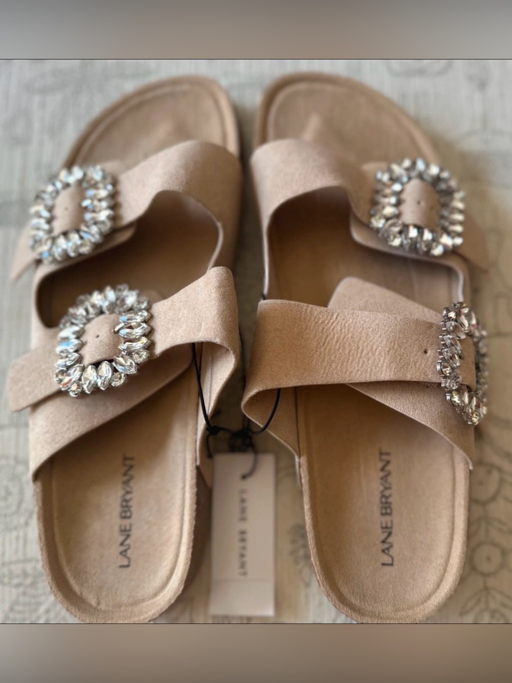 NWT Lane Bryant Rhinestone Buckle Double Strap Slide Sandals Tan Size 10W Wide